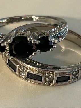 Round Cut Black Onyx 3 Stone Vintage Engagement Ring Set 14K White Gold Plated